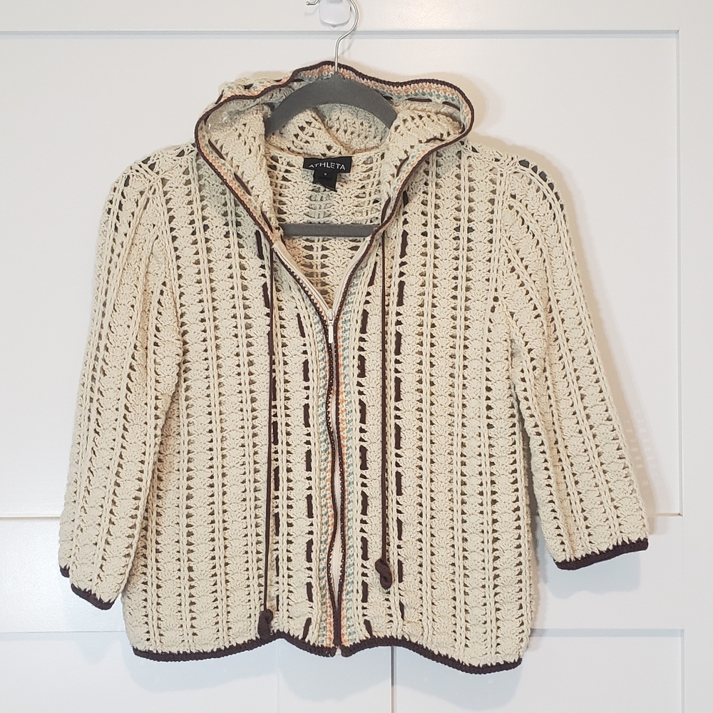 Athleta Vintage Crocheted Zip Up Hooded Sweater Cream Size Small Cotton